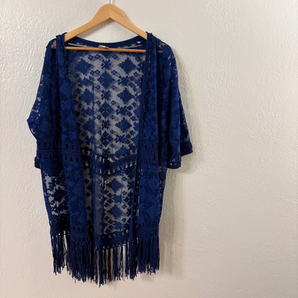 Chico's, Lace Kimono, 3 (XL), Blue, Fringe Boho Sheer Cardigan, MSRP $99
